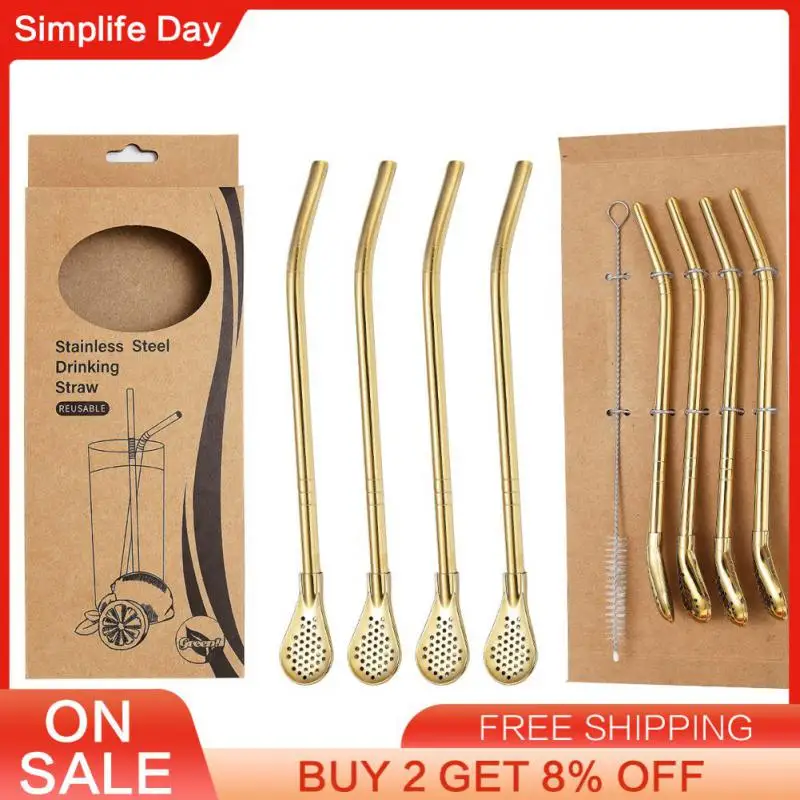 Tea Drinking Straw Spoon Gold-plated Creative Leaking Spoon Straight Curved Environmental Protection Straw Reuse Tea-strainer