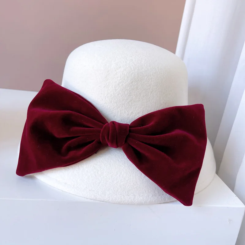 

French vintage red velvet bow lampshade top hat High quality Hepburn wind basin hat Australian wool felt hat fashion female