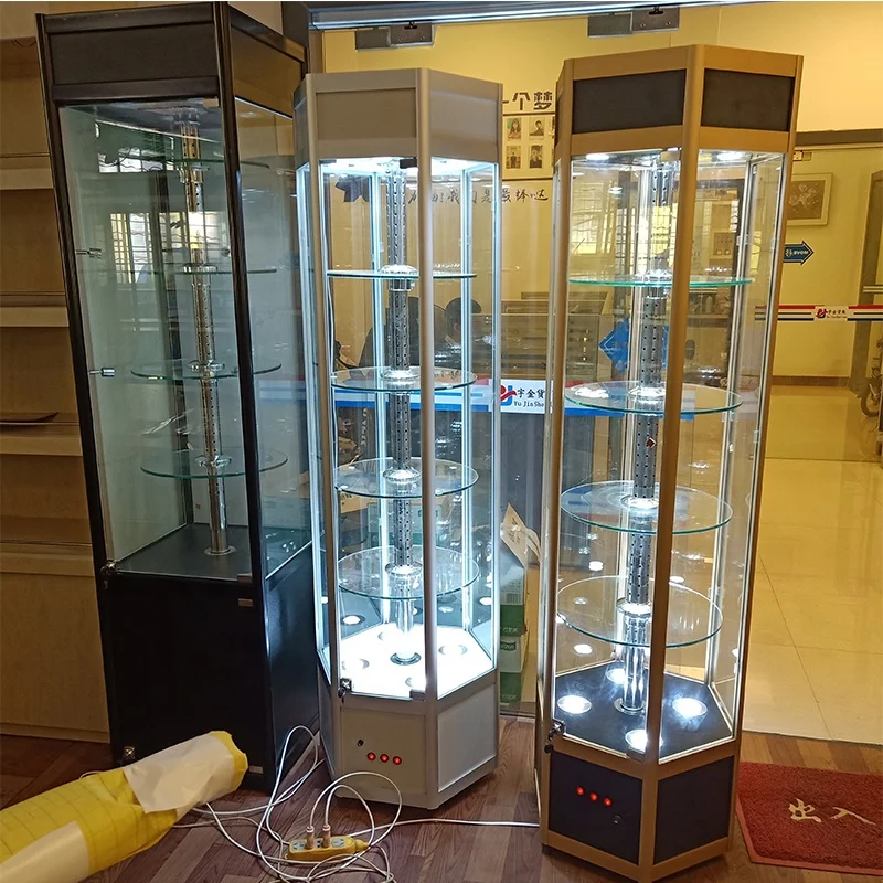 Custom. Fashion Design Hexagonal Rotating Glass Display Cabinet /Accessories Display Showcase/Wooden Glass Display Cabinet