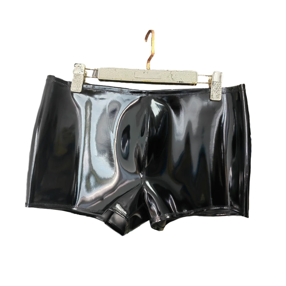 Sexy Men Double Side Latex PVC Shiny Hot Short Convex U Pouch Boxers Fashion Underwear Tigth PU Leather Stage Maid Wear Plus