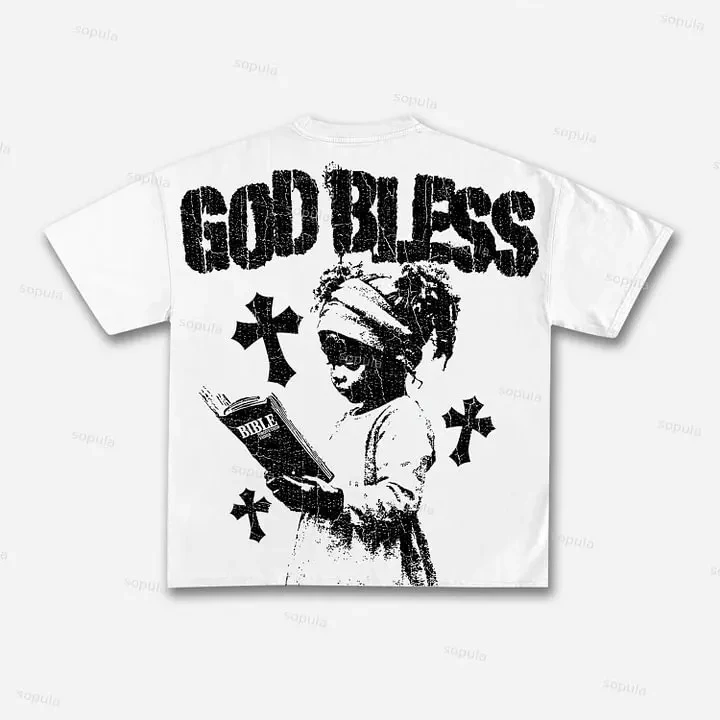 Family Matching T‑Shirt Vintage Distressed Cross Figure Book Back Print Parent‑Child Loose Casual Retro Streetwear Cotton Tee