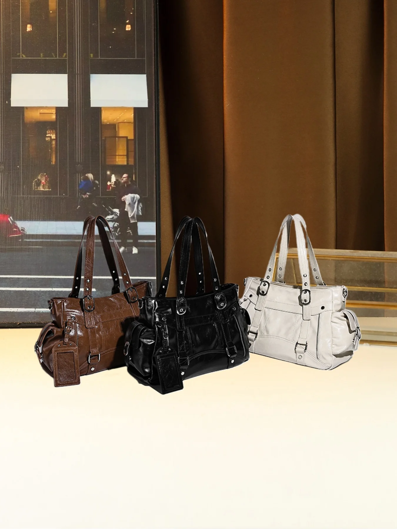 

Fashion trendy cool locomotive bag multi-pocket solid color portable tote women's bag