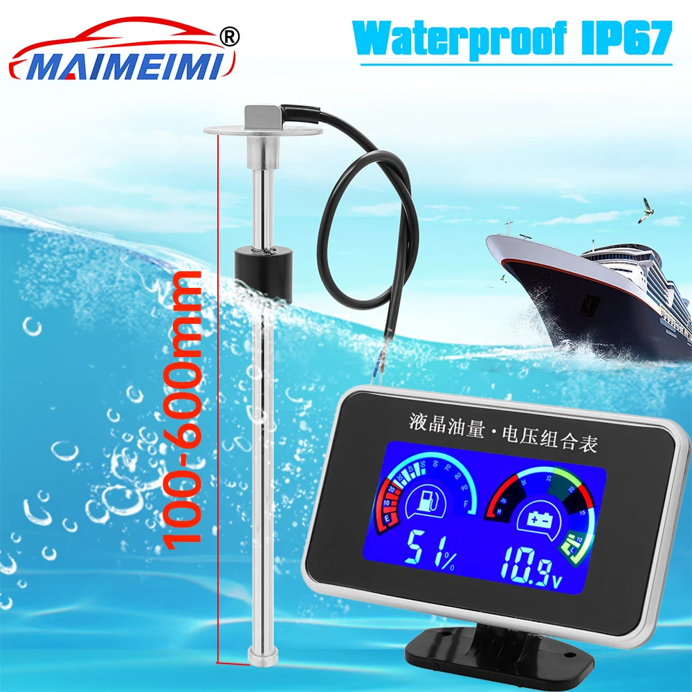 

2 in 1 Universal Car Gauge Fuel Level Gauge + Voltmeter Car Truck LCD Digital Alarm Gauge with 100-600mm Fuel Level Sensor