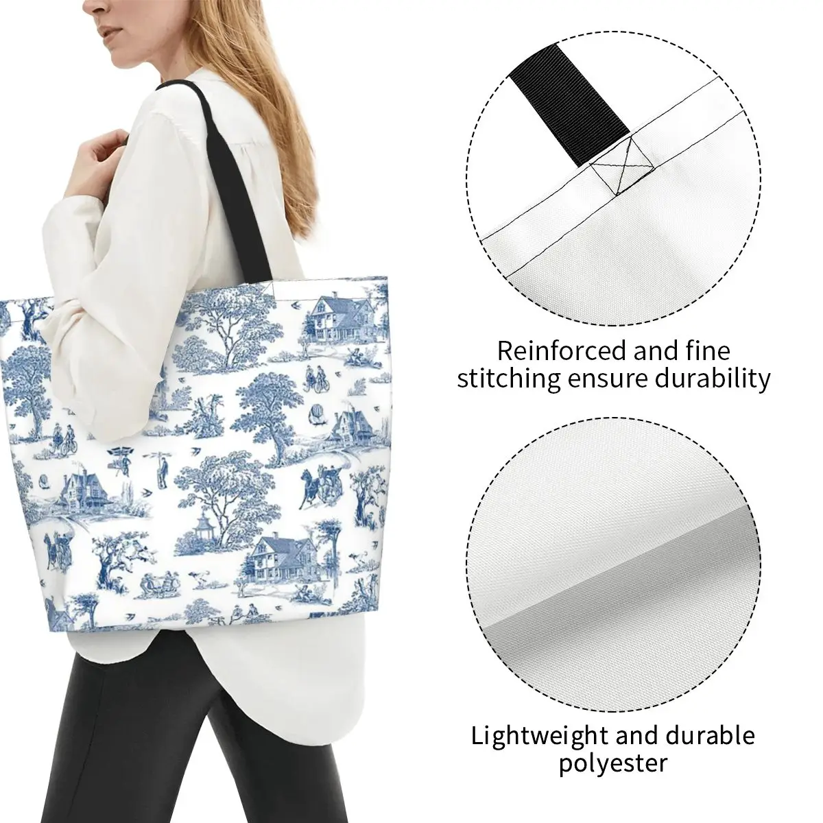 Toile De Jouy French Motif Shopping Tote Bag Canvas Large Capacity Shoulder Bags Shopper Grocery Handbag for Women