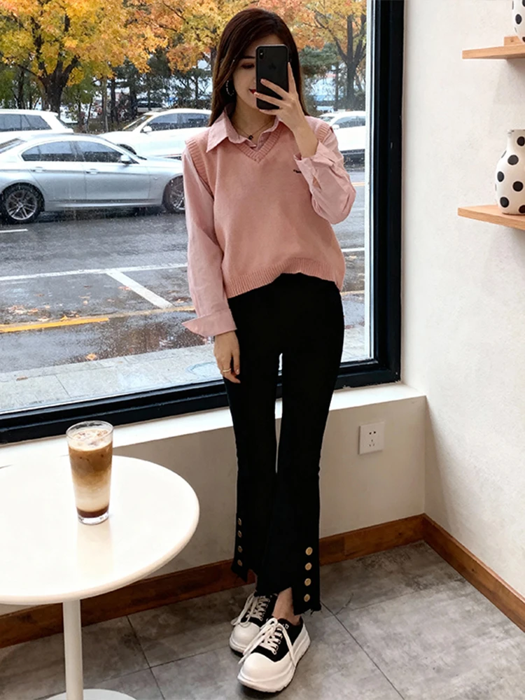 Ele suéter de malha falso de duas peças feminino sle preguiçoso simples emagrecimento topo commute faion mid-Thi longo sve v-ne