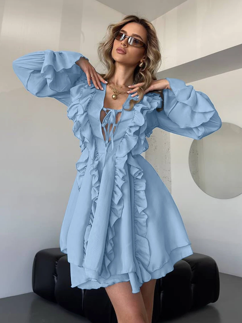 

Marthaqiqi зимняя женская ночная рубашка с длинными рукавами, пижама, сексуальная ночная рубашка с v-образным вырезом, одежда для сна на шнуровке, мини-платье, модные женские ночные рубашки