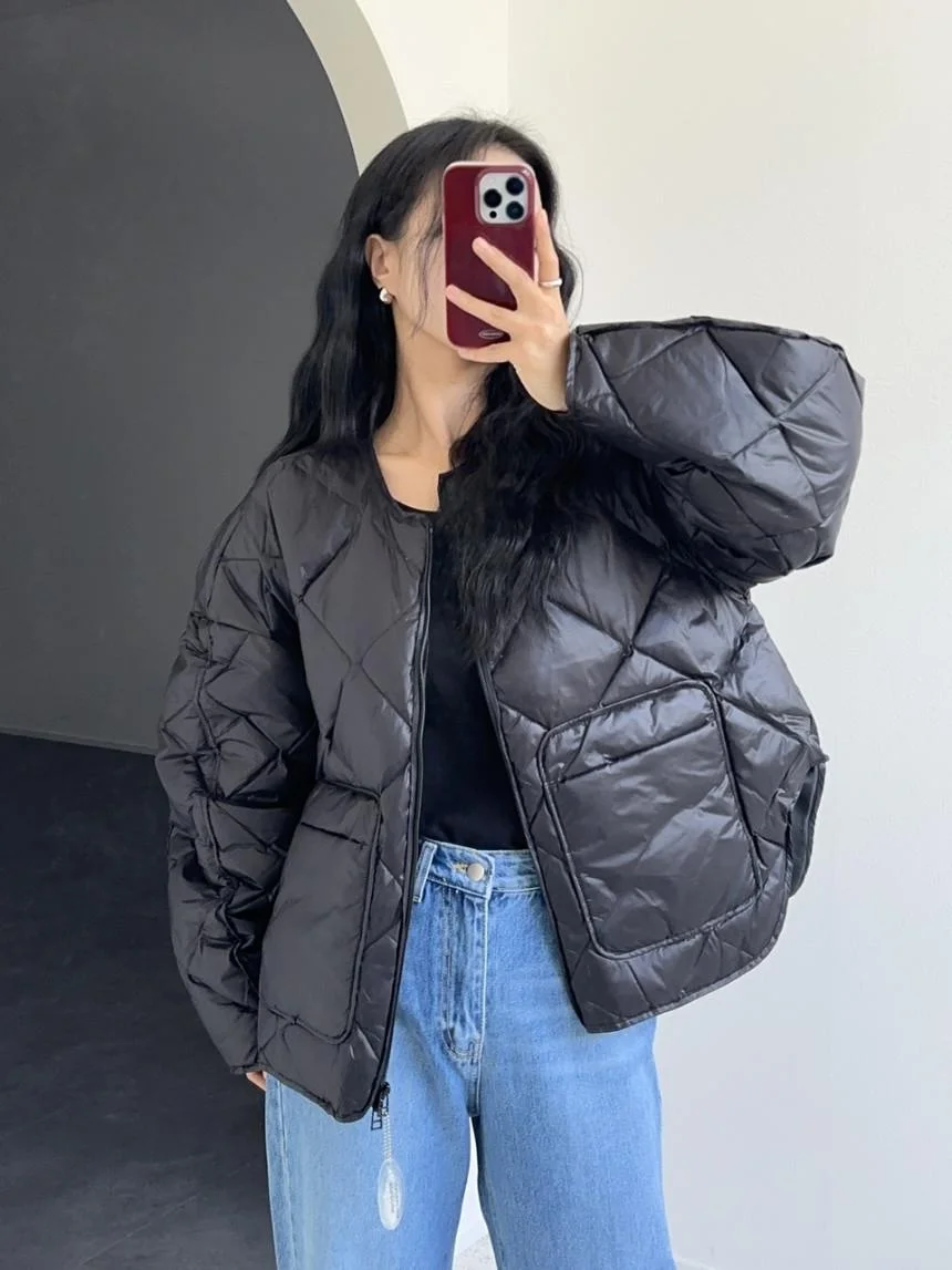 Women's Loose Fit Cotton Jaet Coat Retro round Ne Winter Warmth Interlined Diamond Pattern Long Sve Zipper Closure