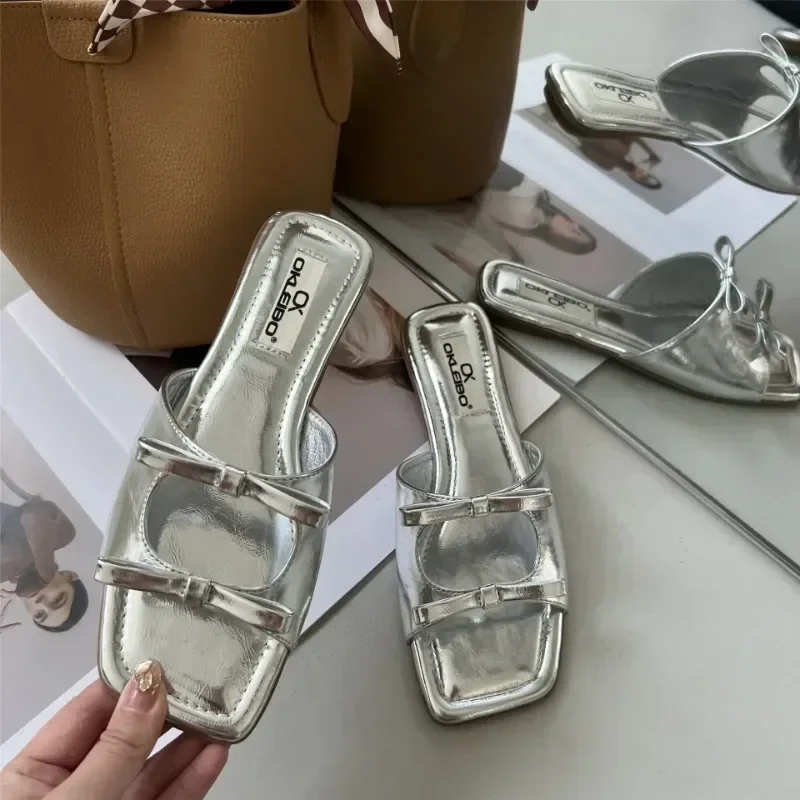 New Beach Shoes Open Toe Fashion Double Bowknot Slippers Women Flat Sole Slippers Women Sandals Plus Size 43 Zapatos