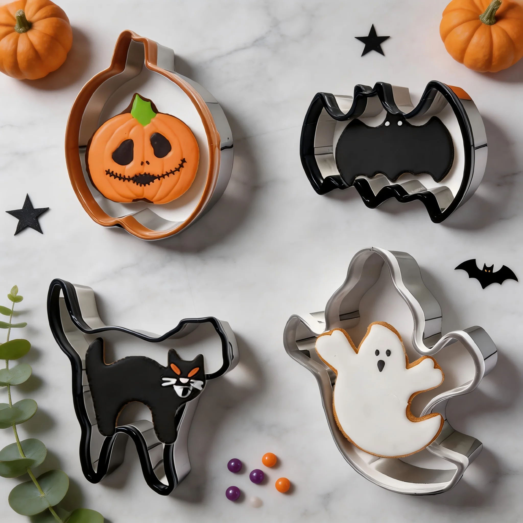 4PCS Halloween Cookie Cutter Set Dip-Coated Stainless Steel Pumpkin Bat Cat Ghost Molds for Biscuit Baking Holiday Party Dessert