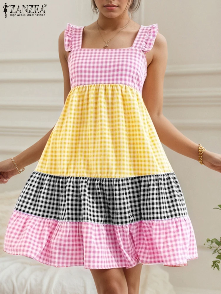 

ZANZEA Fashion Plaid Dress Women Summer Mini Sundress Sexy Sleeveless Color Patchwork Bohemian Party Robe Casual Ruffled Vestido