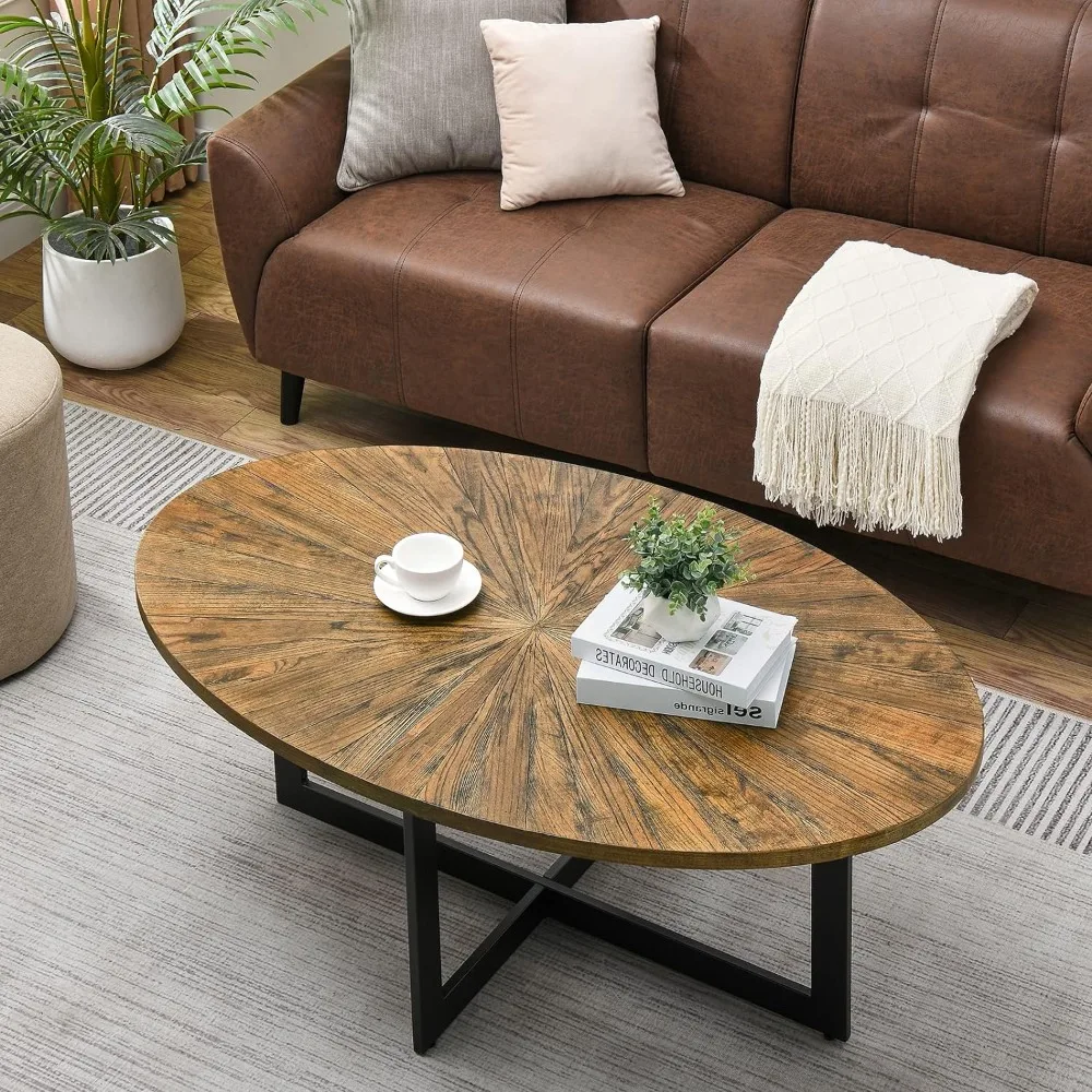 Solid Wood Oval Coffee Table with Cross Metal Legs, 47.9