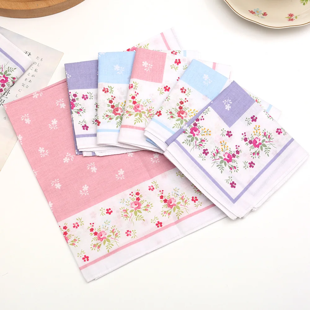 3/6/12Pcs 43cm Women Vintage Printed Cotton Handkerchief Ultra Thin Soft Absorbent Sweat Towel for Daily Use & Wedding Gift