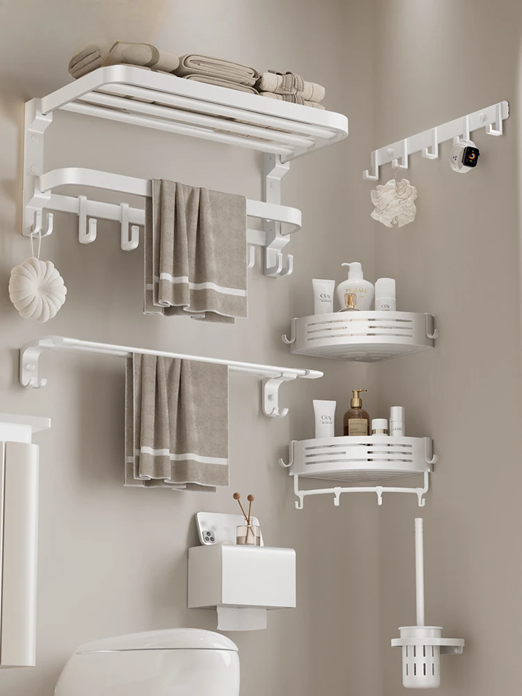 

No punching bathroom toilet storage shelf space aluminum folding towel holder