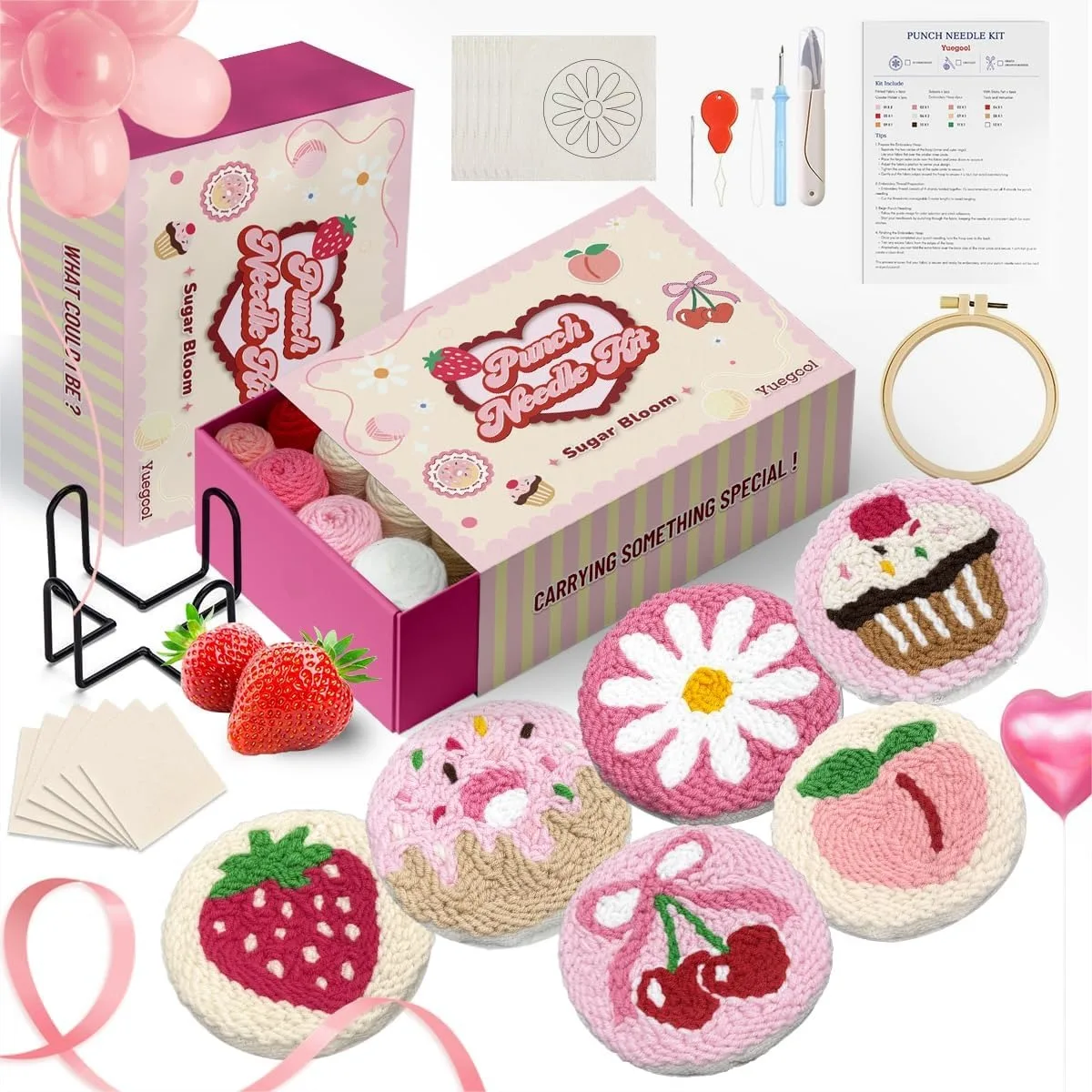 

Punch Needle Coaster Kit for Beginners, 6PCS DIY Embroidery Set with Patterns, Yarn, Hoop, Instructions & Coaster Holder, Home