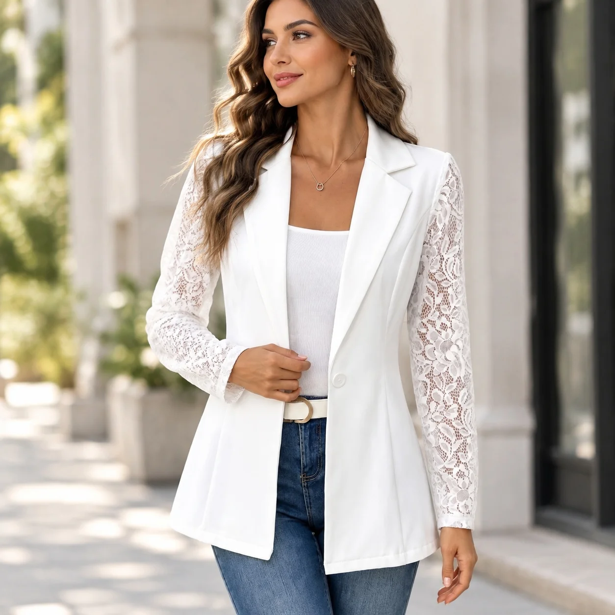 Patchwork Long Sleeve Suit with Seamless V Neck One Button Closure Fitted Silhouette Mid Length Elegant Style Women Suit Autumn