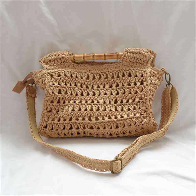 Vintage Bamboo Handle Straw Handbags Casual Paper Woven Women Shoulder Crossbody Bags Handmade Summer Beach Bag Small Tote Purse