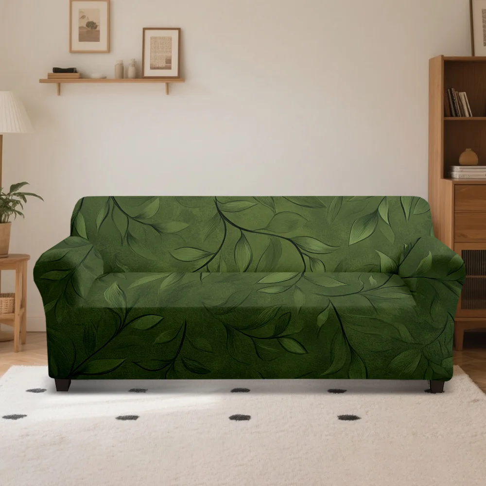 1pc Watercolor Dark Green Leaf Print Stretch Sofa Cover, Botanical Eucalyptus Couch Slipcover for Boho Home Decor