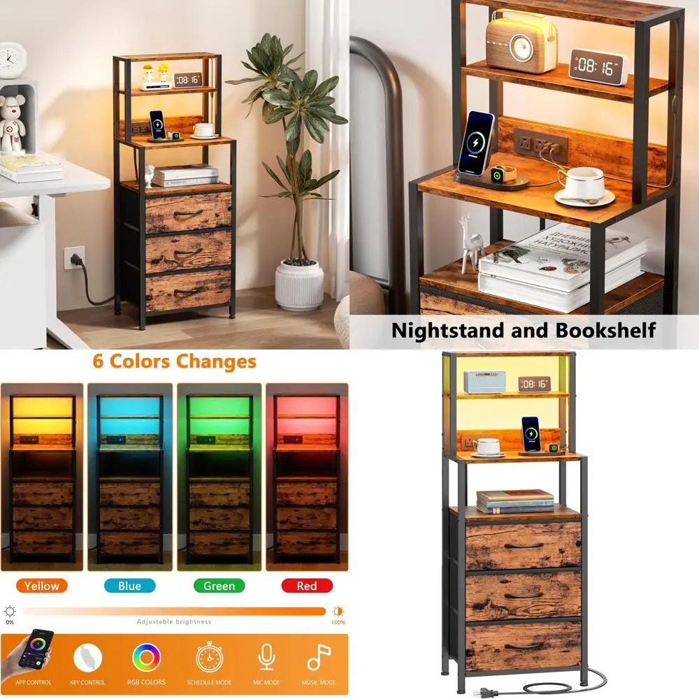 

4-Tier Shelves & 3 Fabric Drawers Tall Nightstand, LED-lit Charging Station, Rustic Brown Bedside Table for Bedroom, Hallway, Of