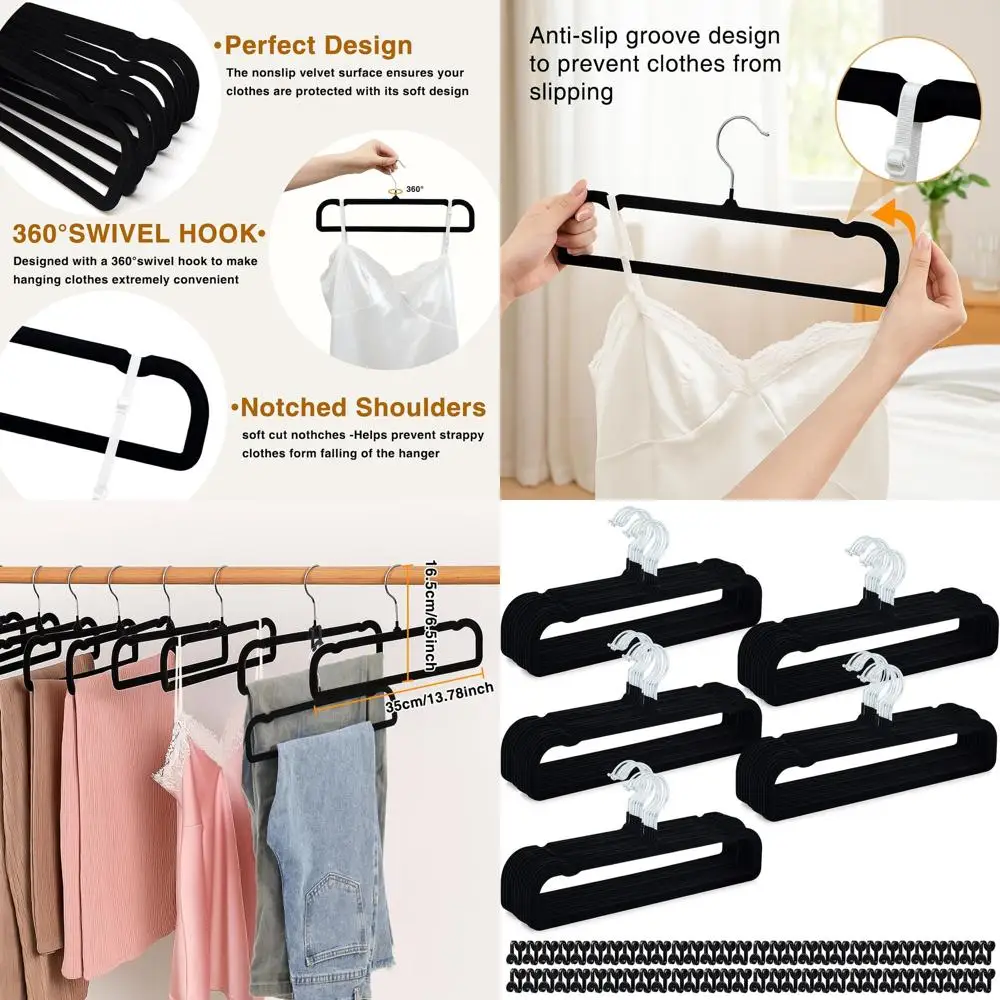 

Набор из 60 нескользящих бархатных вешалок для брюк с крючками, экономия места, прочные, вращение на 360° ° Вращающийся держатель для брюк, майок, шорт