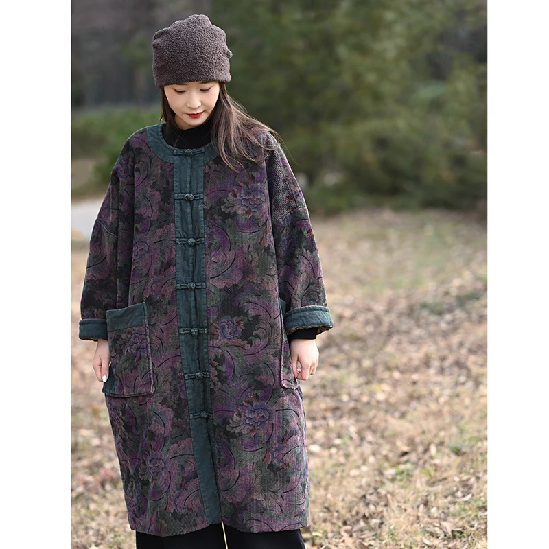 2026 New Arrival Winter Women All-matched Floral Print Single Breasted Parkas Casual Loose Long Sleeves O-neck Cotton Coats J264