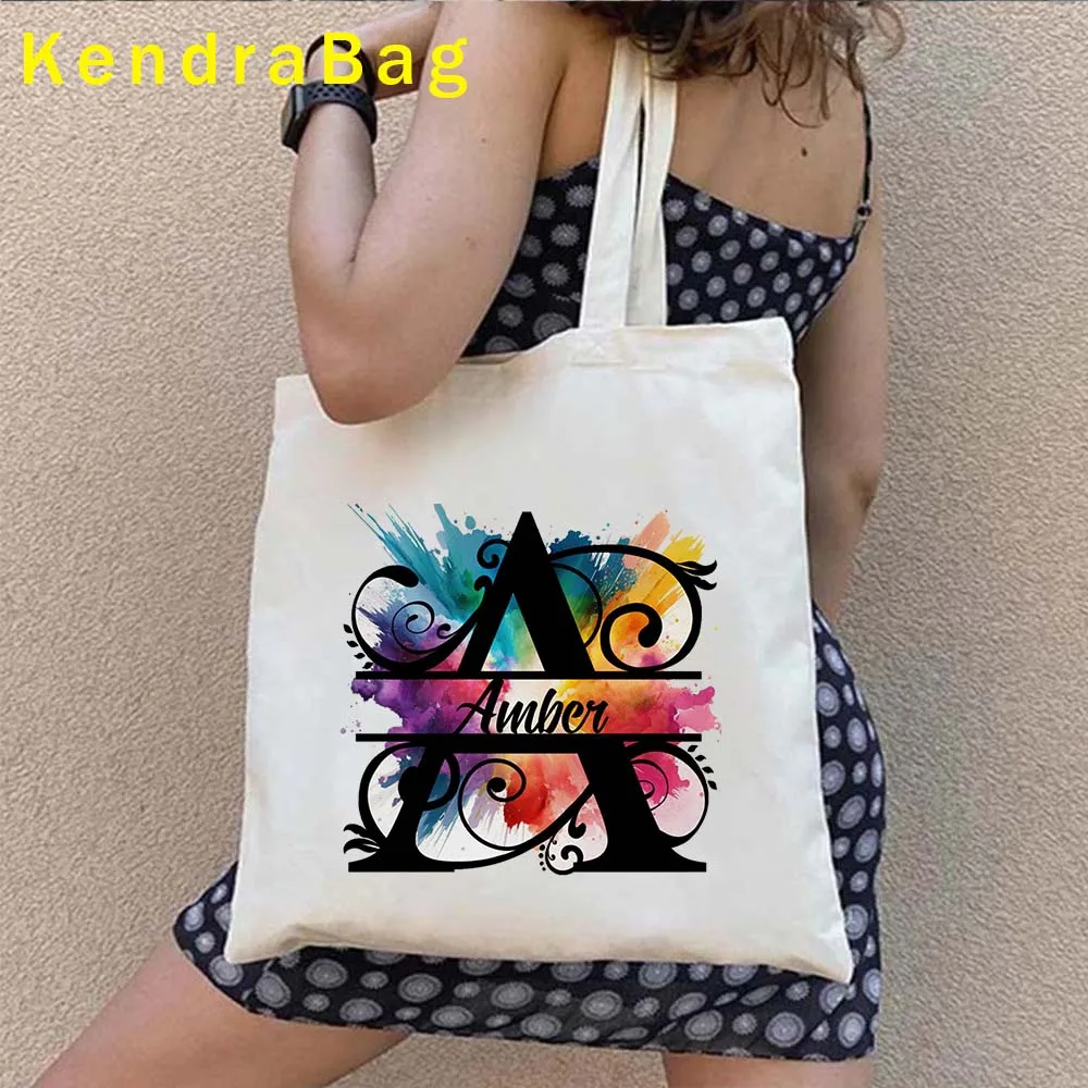 Pretty Initial Letter Floral Alphabet Name Bright Rainbow Monogram Wedding Gifts Shopper Canvas Shoulder Tote Bag Cotton Handbag