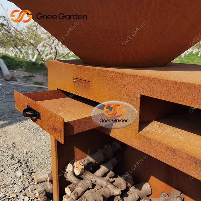Modern Corten Steel Fire Pit BBQ Grill with Trolley for Outdoor Use