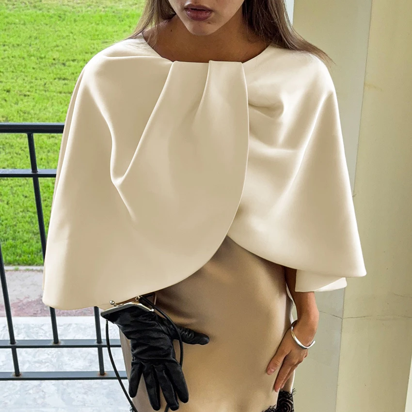 

Linad, осенние элегантные абрикосовые атласные топы с баской, женские уличные шикарные блузки с рукавами «летучая мышь», повседневные рубашки с оборками и круглым вырезом, женские 2025