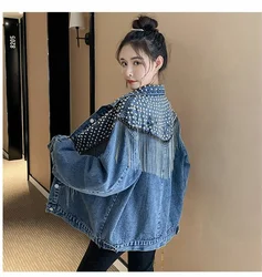 2025 Denim Coat Women Clothing Autumn New Korean Fashion Versatile Polo Neck Short Coat Beads Loose Casual Jackets Women Tops