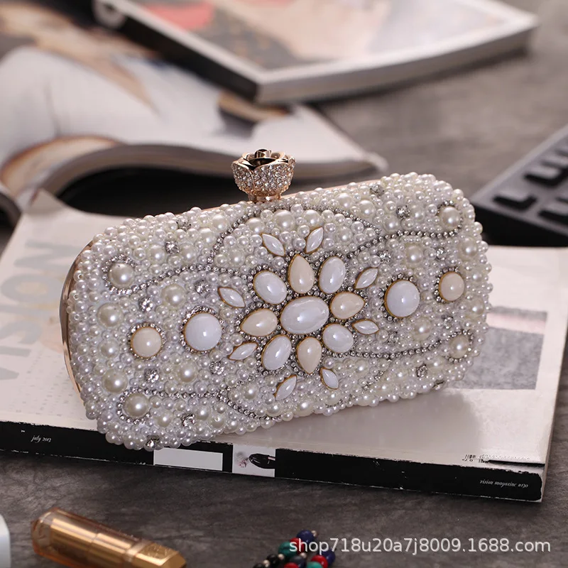 Craft Pearl Hard Shell Diamond-encrusted Dinner Bag Women's Fashion Party Banquet Chain Small Square Clutch Bag Bolsos De Fiesta