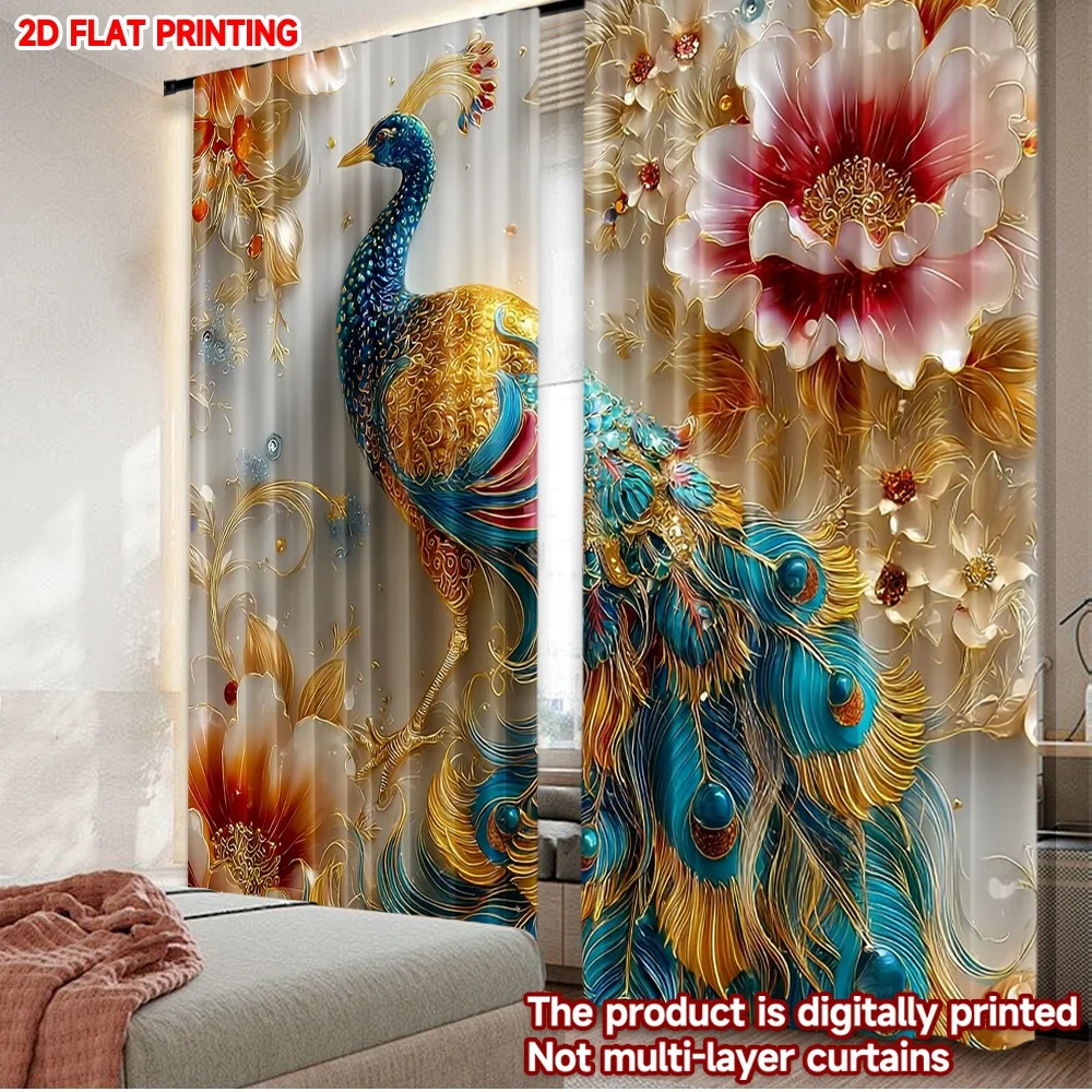 2pcs Peacock Floral Curtains , Blue Gold Feathers with Red White Blossoms on Sheer Background for Luxurious Living Room Decor