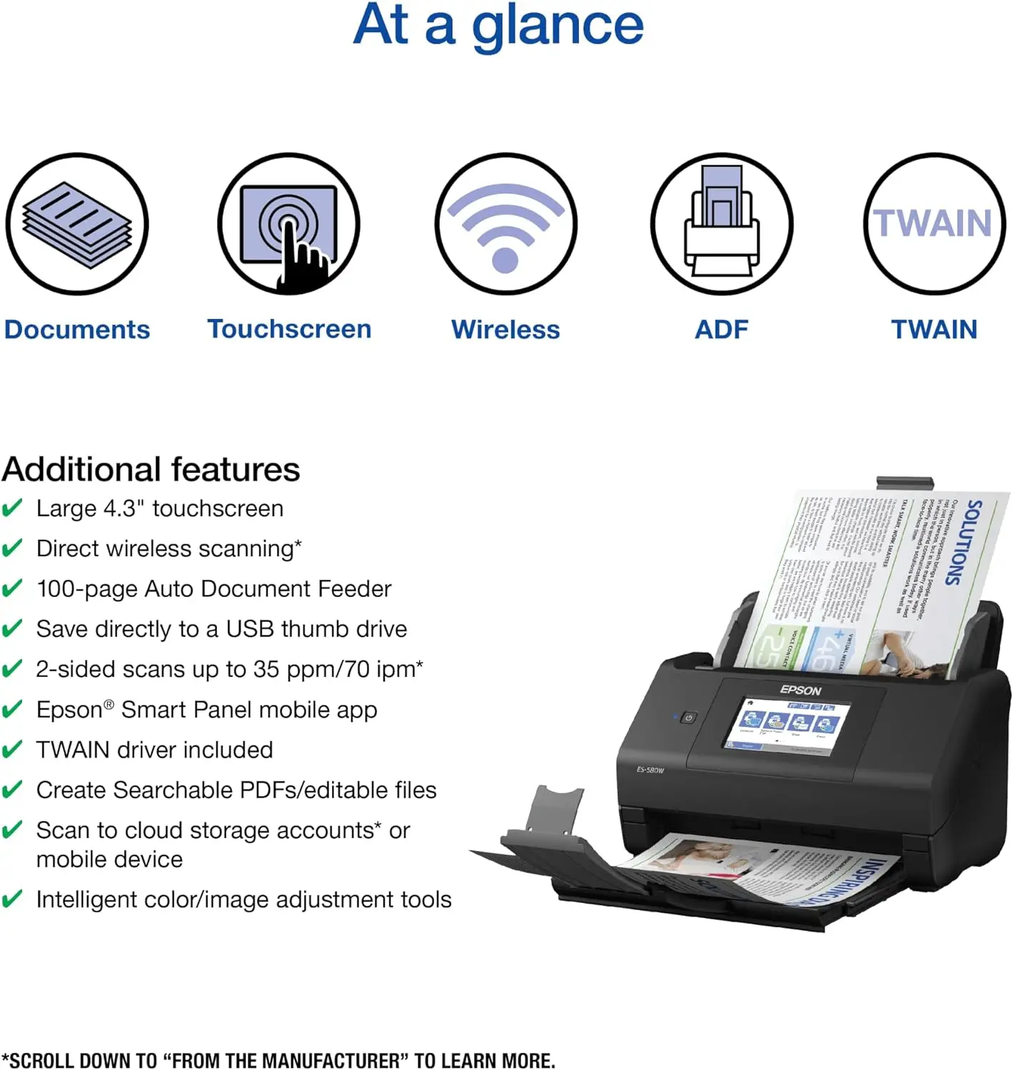 ES-580W Wireless Color Duplex Desktop Document Scanner for PC and Mac with 100-sheet Auto Document Feeder