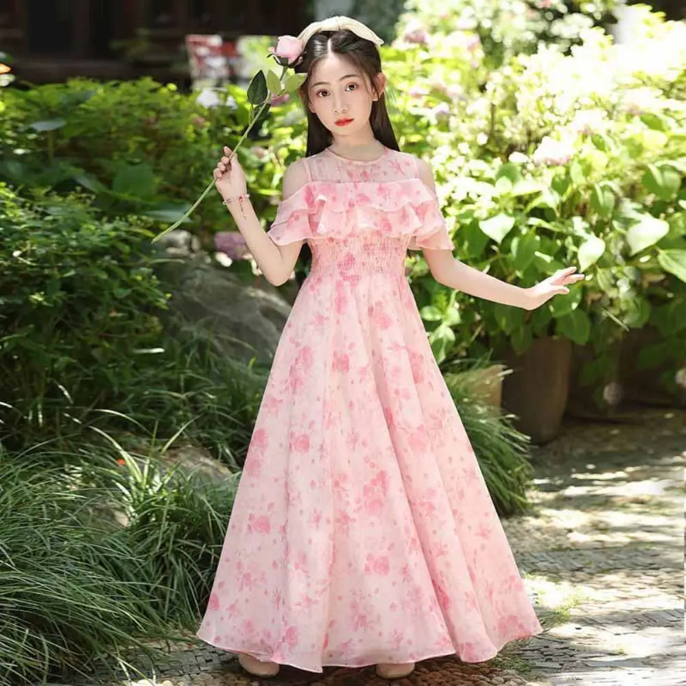 Elegant Loose Girls Chiffon Floral Dress Pleated Teenagers Summer Dresses Party Beach Vacation Children Princess Dress Students