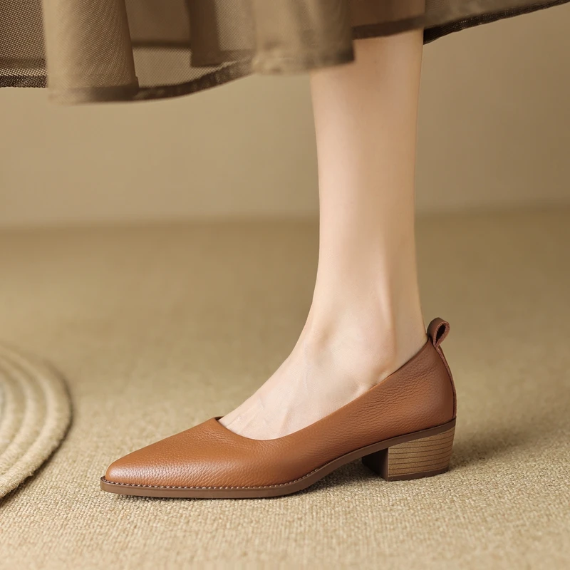 Elegant Women Pumps Shoes Low Heels Pointed Toe White Brown Genuine Leather Concise Pigskin Women Shoes Thick Heels A59