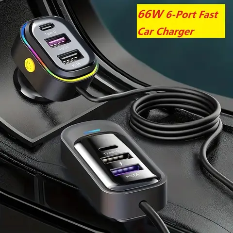 81W 고속 차량용 충전기 6포트 확장 동시 전면 및 후면 충전 유형-C 2-USB 1.5m 연장 케이블 미끄럼 방지 클램프