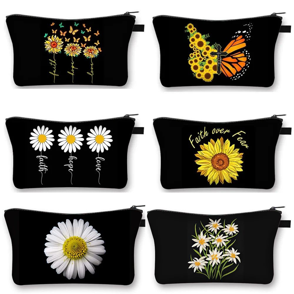 

Vintage Sunflower Butterfly Cosmetic Case Women Christian Faith Cross Hope Love Makeup Bags Organizer Zipper Pouch Lipstick Bag