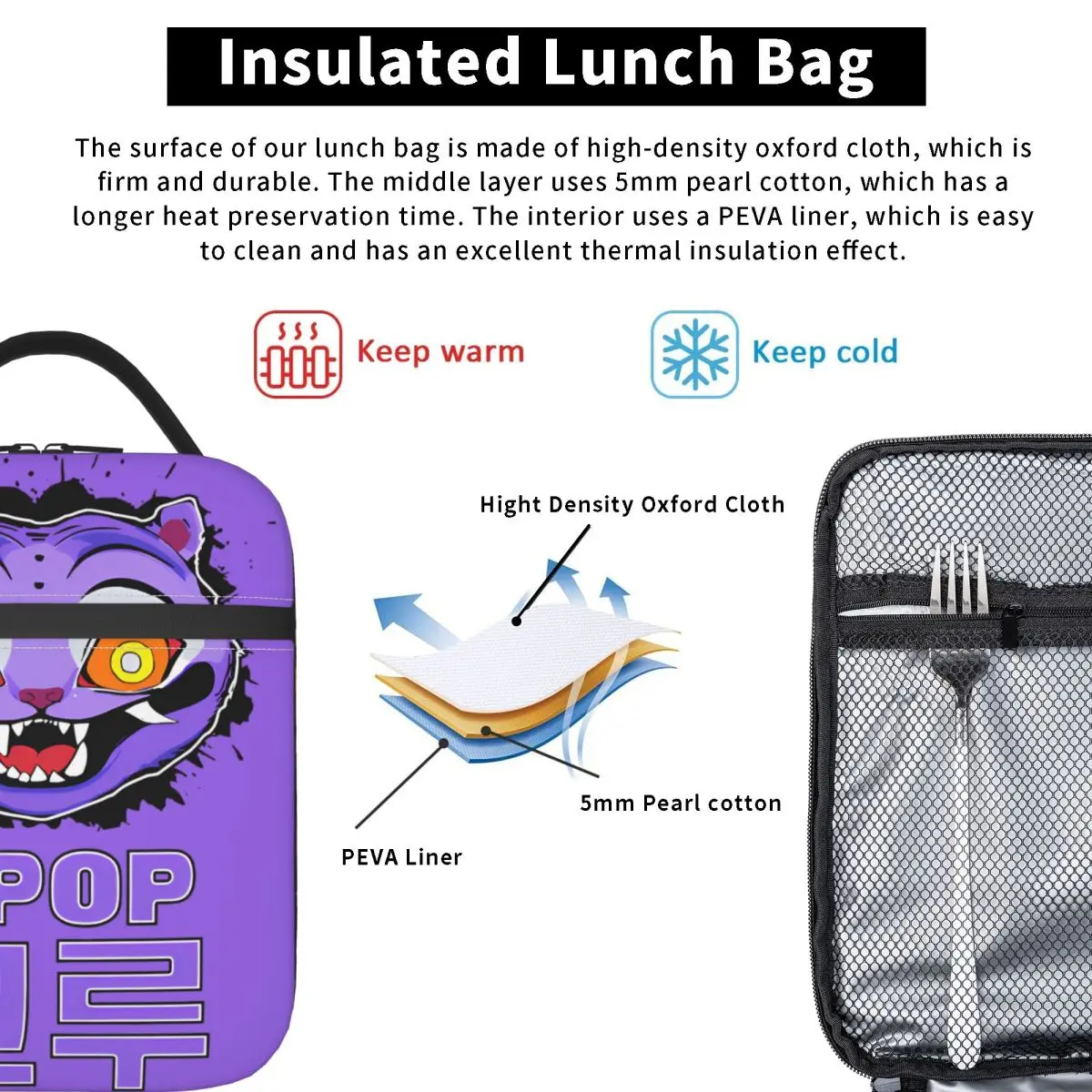 شيطان الصيادين هنتركس حقيبة الغداء ديربي النمر والعقعق رومي ميرا زوي علب الاغذية حقيبة للحفاظ على البرودة أكسفورد الحرارية حمل حقائب اليد #4