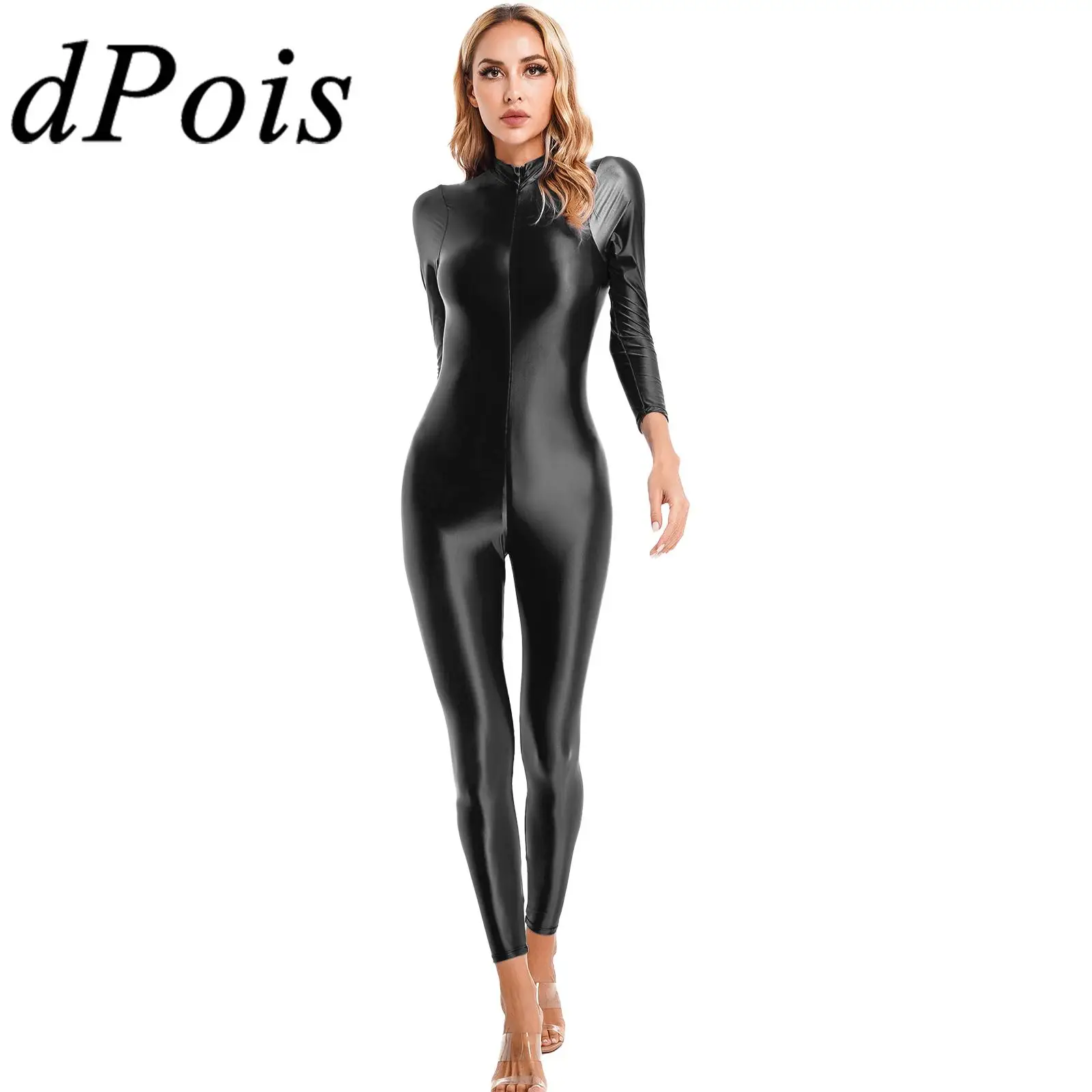 

Womens High Neck Long Sleeves Bodysuit One-piece Lingerie Double-ended Zipper Ballet Leotard Gymnastics Jumpsuit Party Clubwear