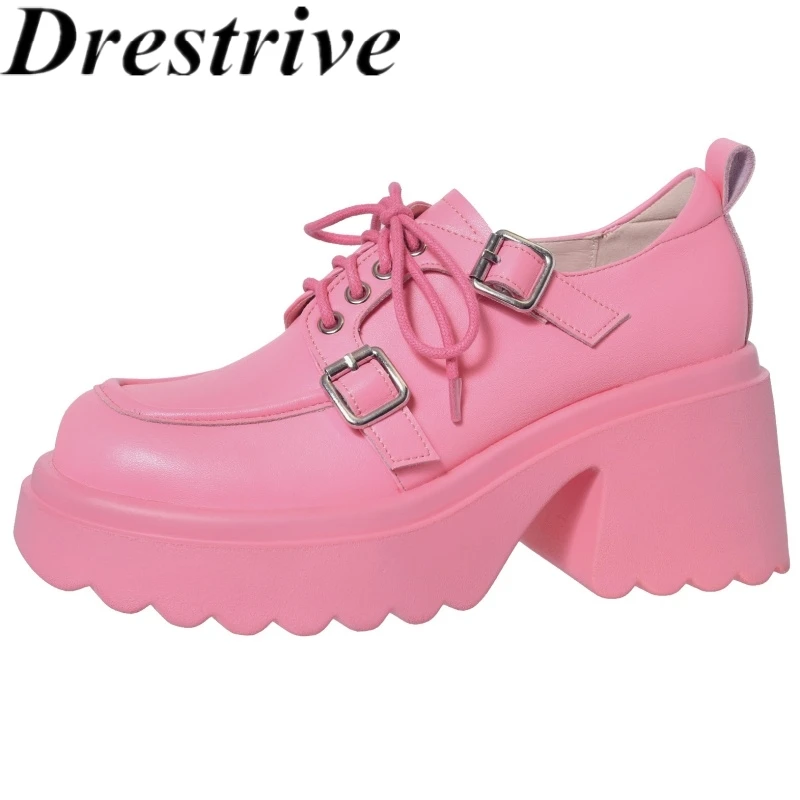 

Drestrive 2025, модные лоферы, розовые женские туфли-лодочки ручной работы из коровьей кожи, женские туфли-лодочки на толстом высоком каблуке с круглым носком и пряжкой на платформе со шнуровкой