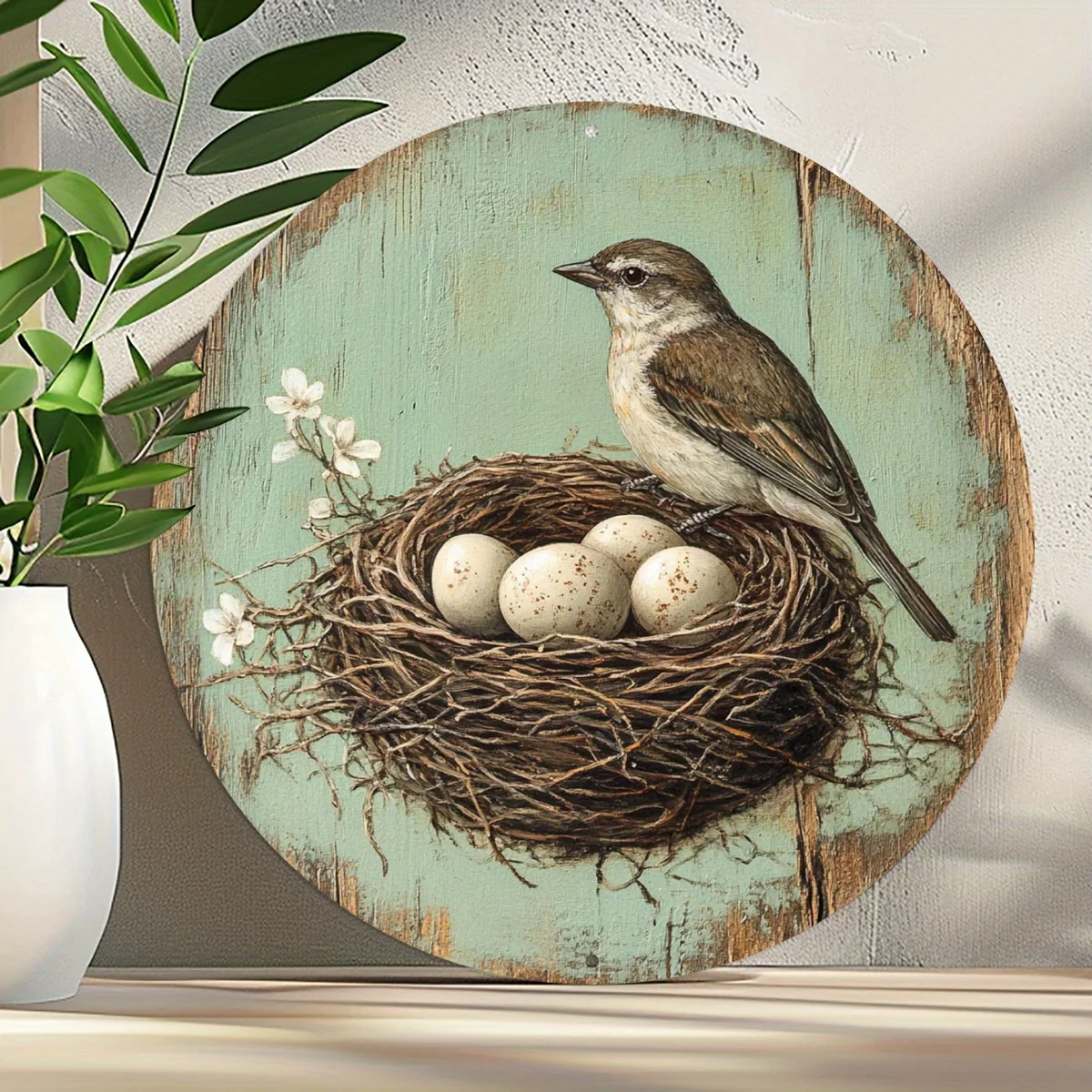 2D FLAT Wooden Round Sign, Vintage Bird & Nest Egg Wall Art, Rustic Decor for Garden Living Room Halloween Christmas Gift, Bird