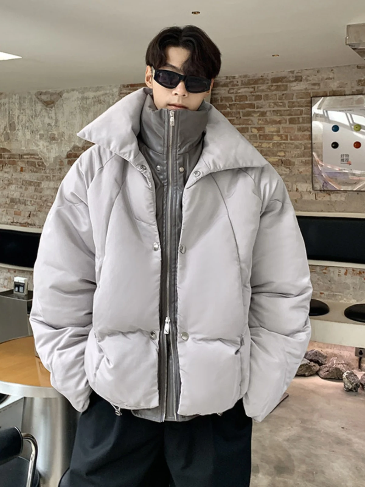 

Men's Thiened Double Layer Collar PU Leather Patchwork Cotton Jaet Winter Warm Bread Sle Faionable Casual Outerwear