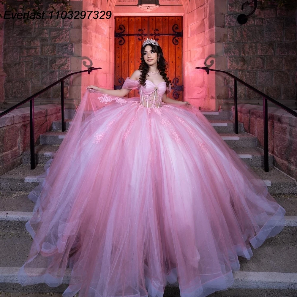 فستان Quinceanera الوردي اللامع ، ثوب الكرة ، مزين بالدانتيل ، مطرز ، مشد مكشوف الكتف ، حلو 16 ، 15 سنة ، QD1134