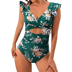 Contrast Mesh One Piece Swimsuit V Neck Print Backless Tummy Control High Cut Bathing Suit Women'S Swimwear & Clothing