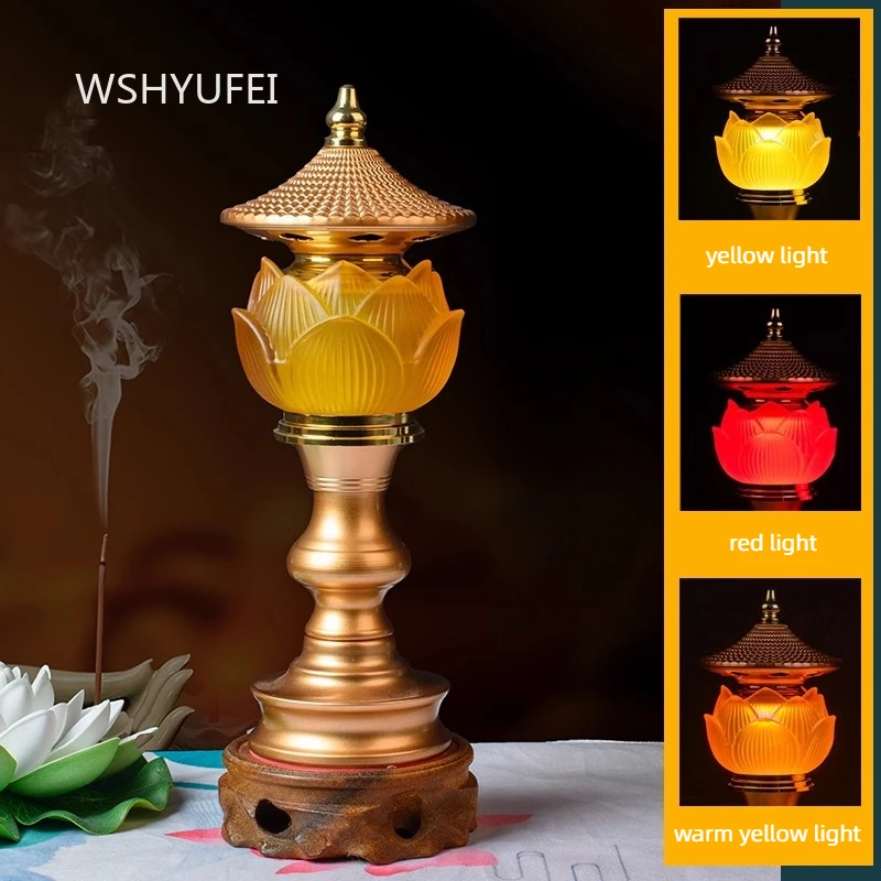 1pcs LED Glass Lotus Lamp Offering A Plug-in God of Wealth's Ever Burning Lamp Ruyi Lamp Buddhist Hall Decoration Ornaments