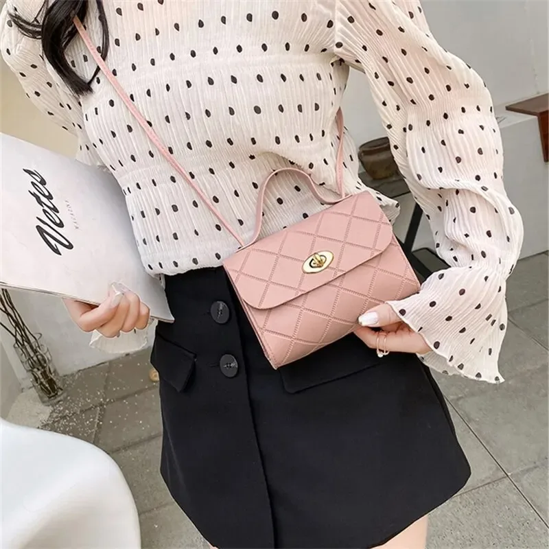 Solid Color Versatile Satchel Ringer Stripes Square Women Small Handbag Fashion Round Lock Tide Shoulder Bag