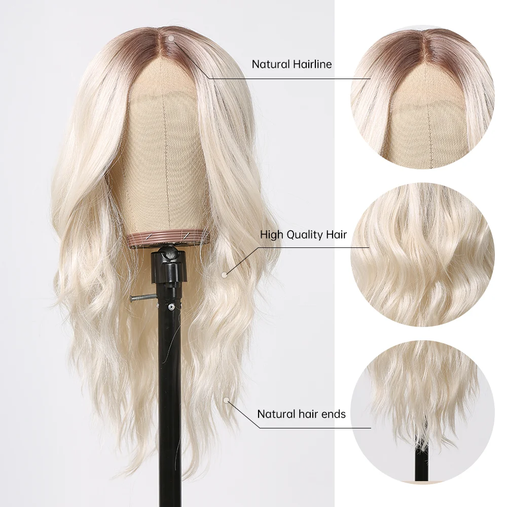 Light Platinum Blonde Synthetic Lace Wigs Long Body Wave T Part Lace Wigs with Dark Roots for Women Daily Cosplay Heat Resistant