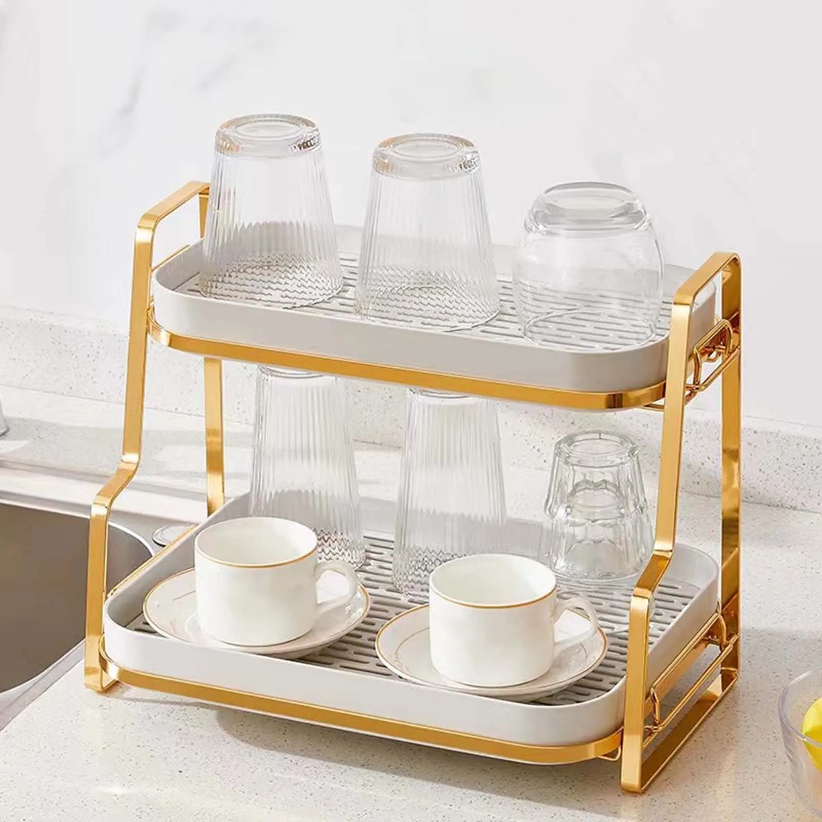 2 Tiers Cups Mugs Drying Rack with Drain Tray Easy to Clean Standing Rack for Kitchen Condiment Bottle Countertop Dining Room