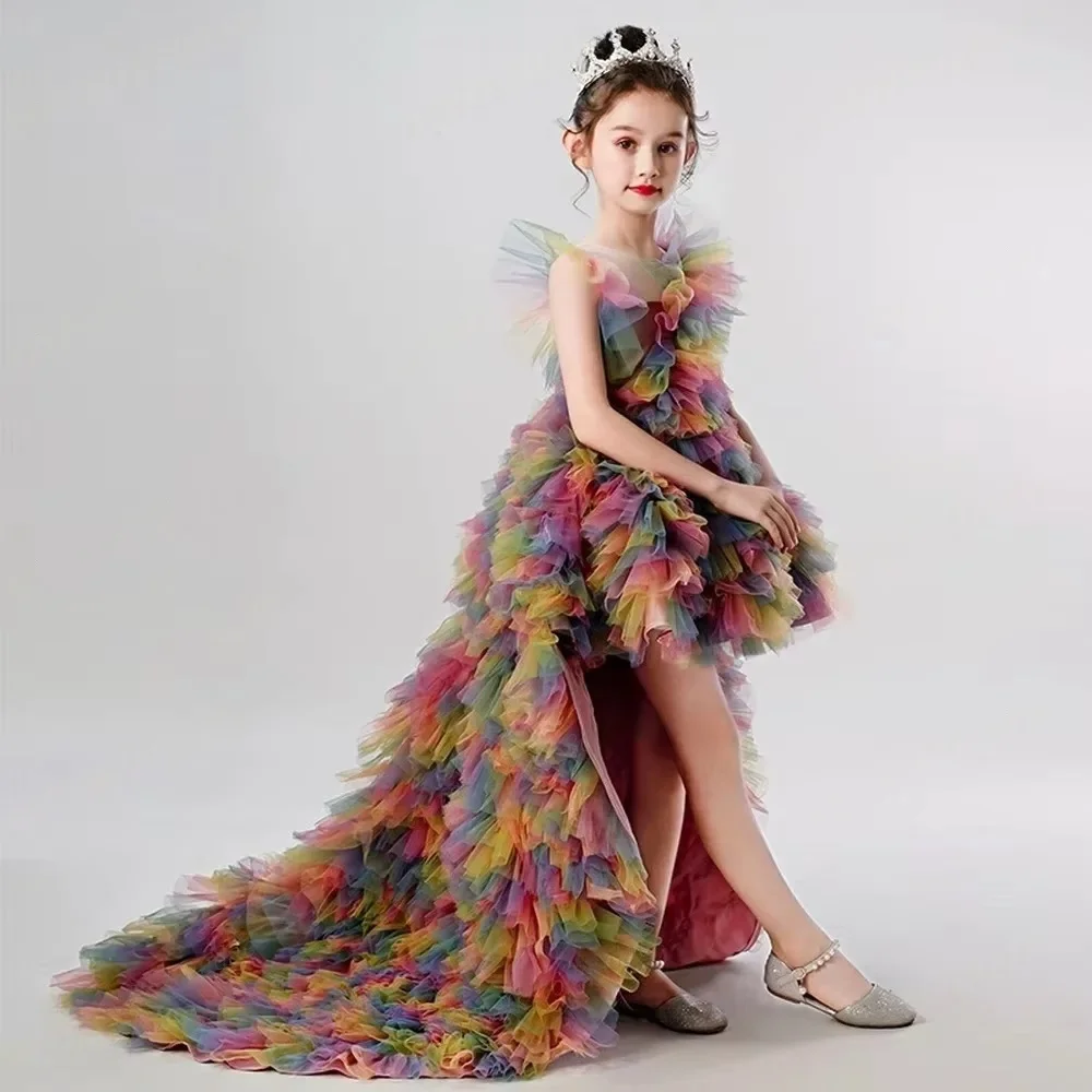Girls One Shoulder Rainbow Tulle Dress with High Low Hem Ruffled Layers Princess Gown for Pageant Party Performance Special Occ