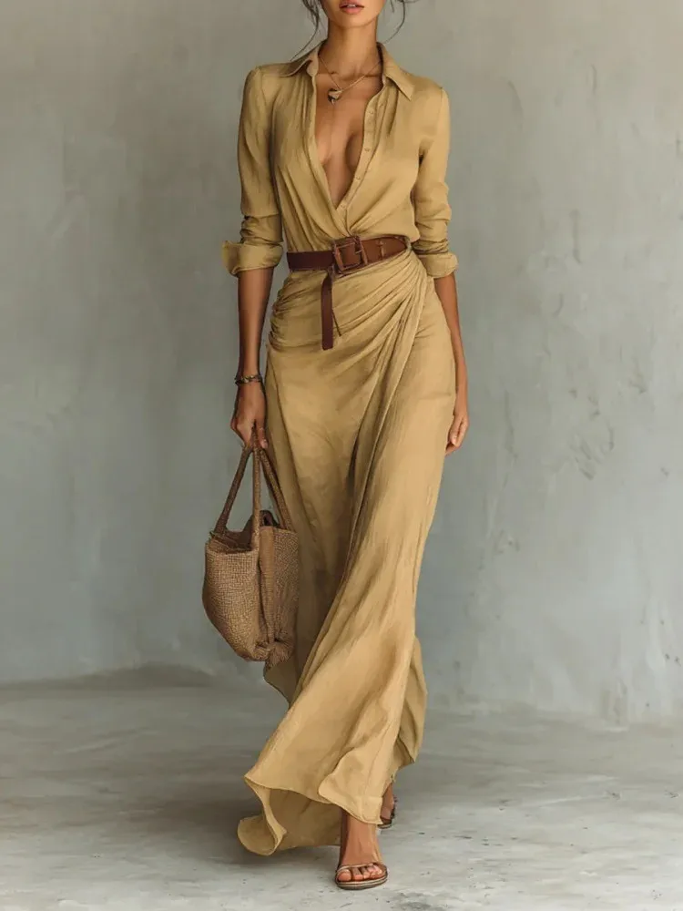 Women's autumn elegant temperament sexy solid color irregular pleated belt dress