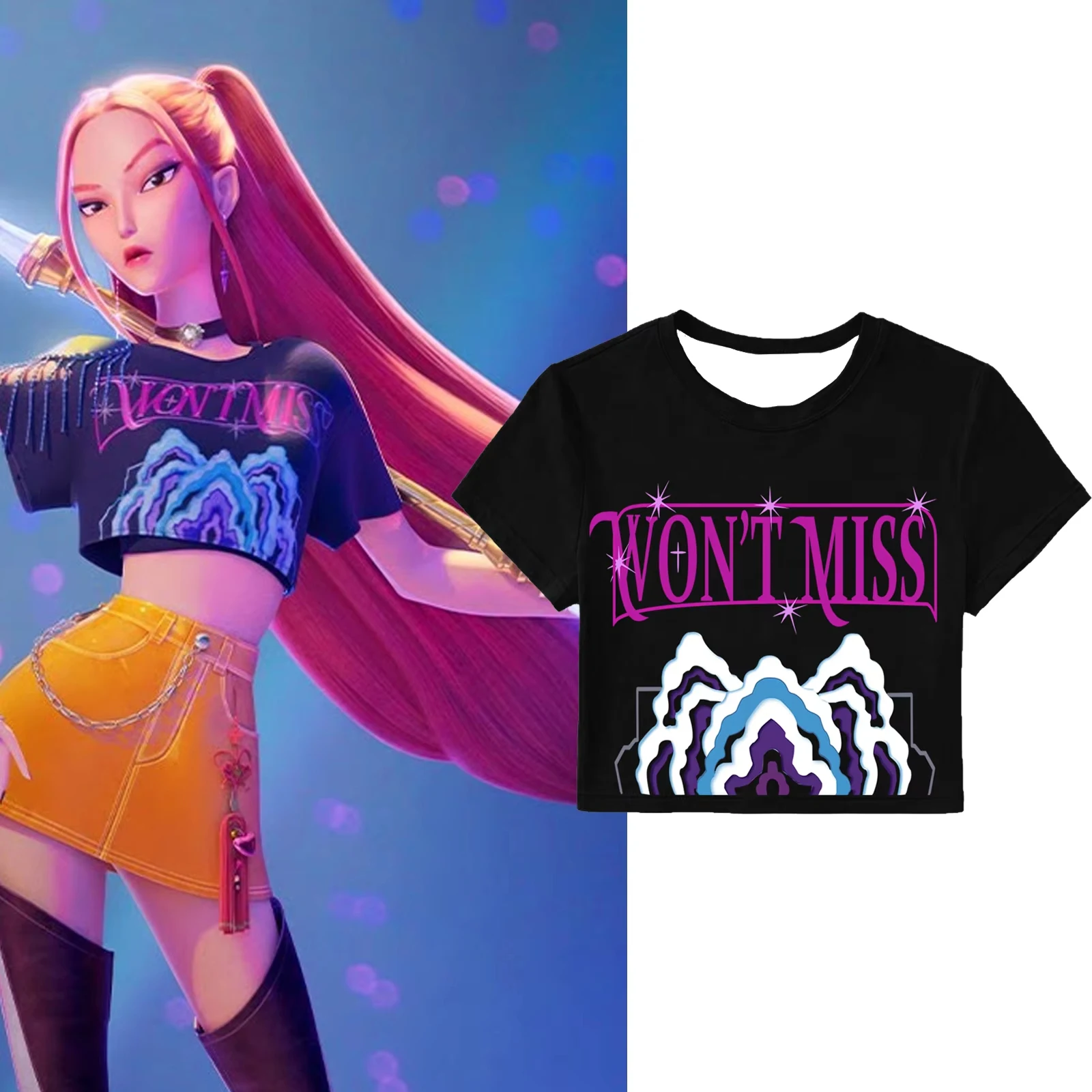 

KPop Охотники на демонов Mira, укороченные топы для косплея, футболка для женщин и девочек, модная рубашка из фильма 2025 для фанатов, подарок, топы Y2k