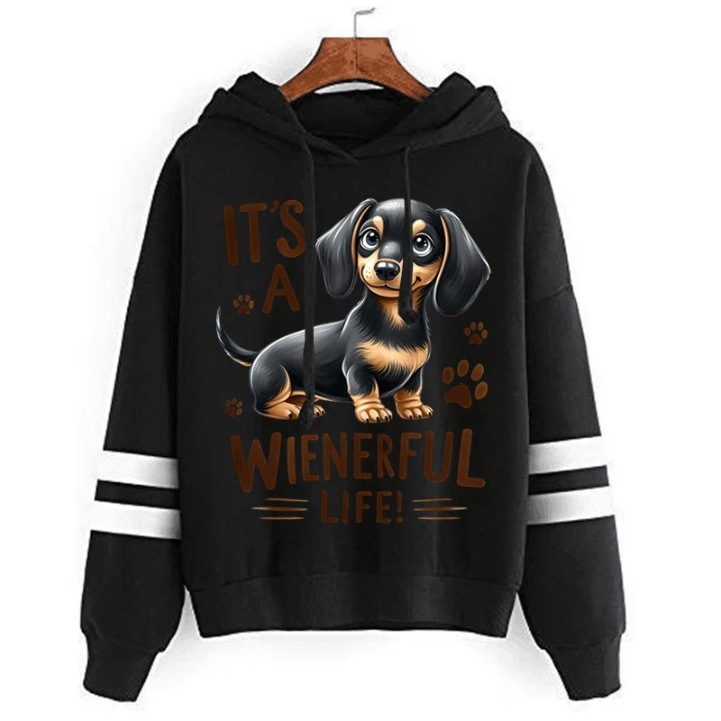 Womens Clothing Grey Vintage Street Sweatshirt Hoodie Dachshund Dog Print Long Sleeves Casual Warm Oversize Ladies Tops Autumn